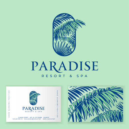 Illustration pour Paradise logo. Tropical spa and resort emblem. Palm leaves into rounded frame and elegant letters. Identity. Business card. - image libre de droit