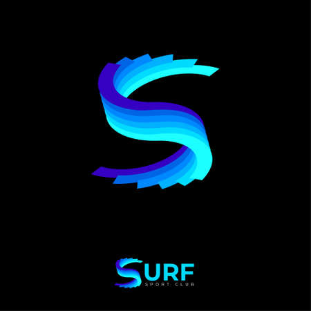 Surf logo. S monogram. Multilayer twisted shapes like wave. Emblem for sport, equipment, clothes, water club.のイラスト素材