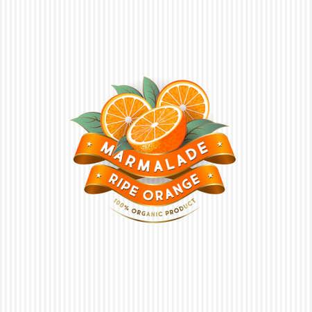 Package design for Orange marmalade. Label with ripe oranges, leaves and silk ribbons. Premium product.のイラスト素材