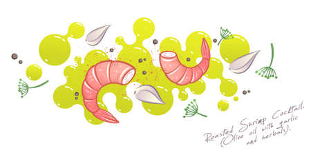 Olive oil, shrimps with garlic, spice and seasoning herbs. Food illustration. Cooking of seafood with aroma oil. Illustration for recipe.のイラスト素材