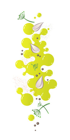Olive oil with garlic, seasoning herbs and spices. Food illustration. Cooking of aroma oil. Illustration for recipe.のイラスト素材