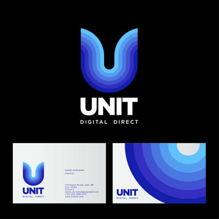 U monogram. Unit logo. Letters consist of some strips, isolated on a black backgrounds. Network, web icon. Business card. Identity.のイラスト素材