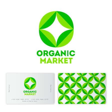 Organic Market logo. Four leaves like O Letter. Green vegetarian organic food emblem. Business card and pattern.のイラスト素材