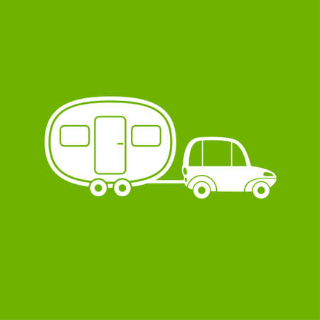 Camper icon. House on wheels icon. White fun car with van on green background.のイラスト素材
