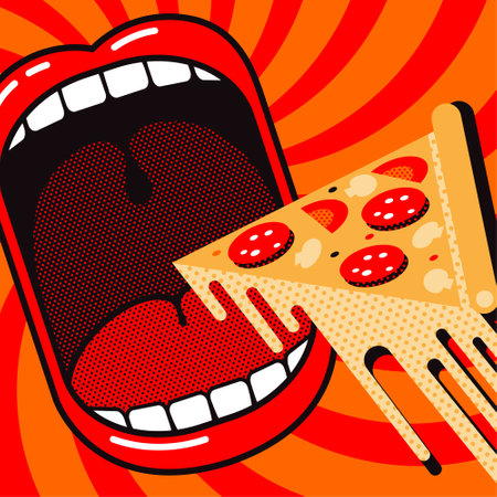 Love to eat pizza! Funny cartoon poster. Large open mouth with piece of pizza with stretchy melted cheese. Dynamic background with rotation.のイラスト素材