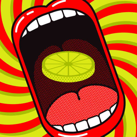 Love to eat lemon! Funny cartoon poster. Large open mouth with slice of lemon or lime on a dynamic background with rotation.のイラスト素材