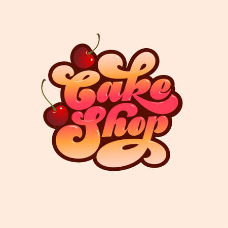 Cake Shop logo. Sweet bakery emblem. Beautiful lettering consists of glossy caramel letters and ripe cherry. Calligraphy of Seventies style. Desserts signboard.のイラスト素材