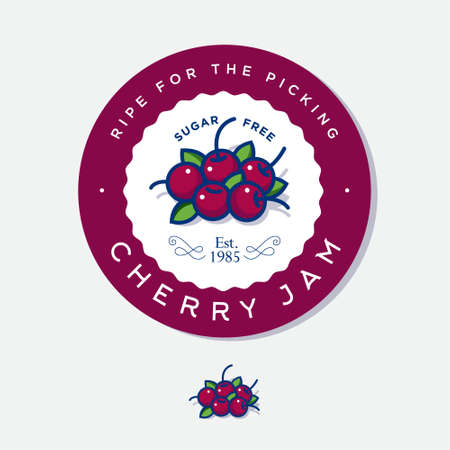 Label for cherry jam. Round sticker for jar with berries, leaves and letters in a circle. Original berries illustration.のイラスト素材