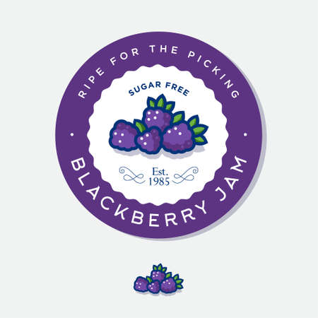 Label for blackberry jam. Round sticker for jar with berries, leaves and letters in a circle. Original berries illustration.のイラスト素材