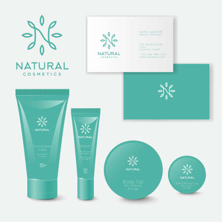 Natural cosmetics logo and Packaging. Letter N with small petals like flower. Business card, tubes and jars with branding.のイラスト素材