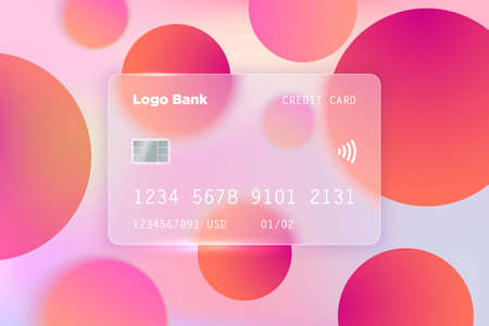 Vector image in the style of glass morphism. Translucent bank card on a bright background. Frosted transparent glass and colored colorful circles. Place for your text.のイラスト素材