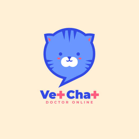 Vet chat icon. Online veterinary support. Speech bubble with face of cat. Veterinarian chat symbol. Letter T like medical cross.のイラスト素材