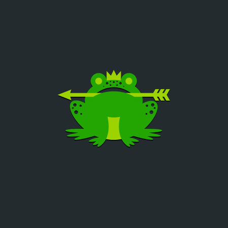 Princess frog logo. Green frog with a crown and an arrow on a dark background. Fairy tale character icon.のイラスト素材