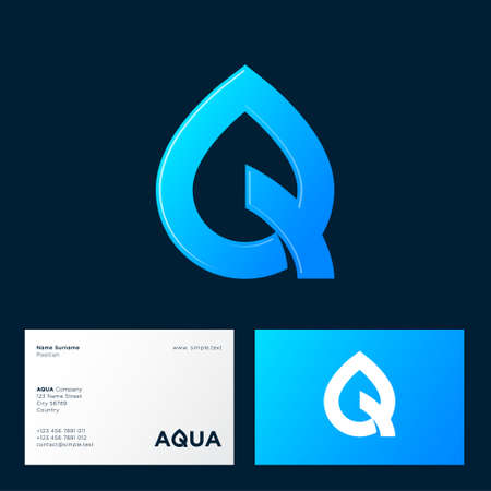 Aqua logo. Spa therapy emblem. Letter Q like a drop of water. Identity. Emblem for cosmetics or clothes for swimming. Spa or water club. Business card.のイラスト素材