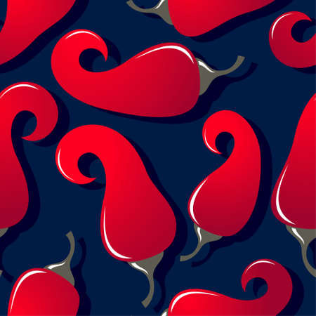 Seamless pattern. Beautiful bright red chilli peppers on a deep blue background. Pattern for wallpaper, textile or wrapping pattern.のイラスト素材
