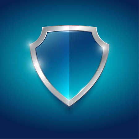 Symbol of protection, guard. Blue glossy shield with silver trim. Heraldic element.のイラスト素材