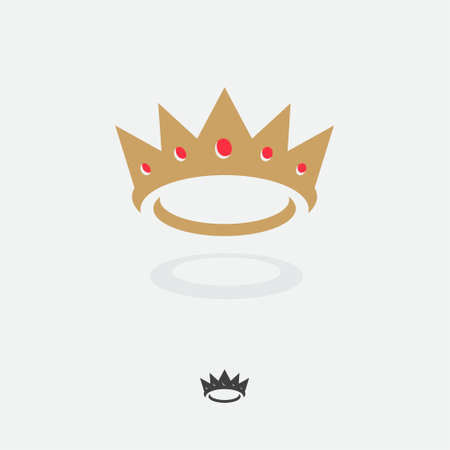 Gold Crown with red gems logo. Flat crown icon with shadow. Monochrome option.のイラスト素材