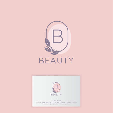 Beauty salon Logo and business card. B monogram with tender branch with leaves. Emblem of female clothing or lingerie.のイラスト素材