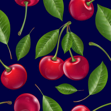 Seamless pattern with cherry and leaves on dark background. Illustration can use for packaging, textile, fabric, wrapping paper or posters.のイラスト素材