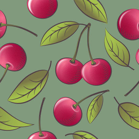 Seamless pattern with red ripe cherry and leaves on green background. Illustration can use for packaging, textile, fabric, wrapping paper or posters. Engraving and halftone style.のイラスト素材