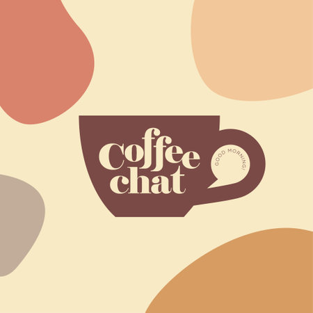 Coffee chat emblem. Coffee logo. Cup handle like speech bubble. Cup with letters on background with color spots.のイラスト素材