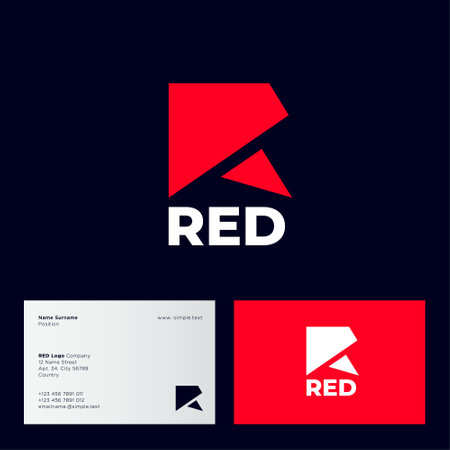 Red logo. R monogram. Red origami letter consist of polygonal figures on dark background. Flat simple logo. Business card.のイラスト素材