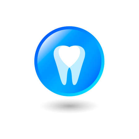 Tooth icon. Dentist, stomatology emblem. Tooth, dentistry pictogram. Glossy circle button with tooth and heart. Web button.のイラスト素材