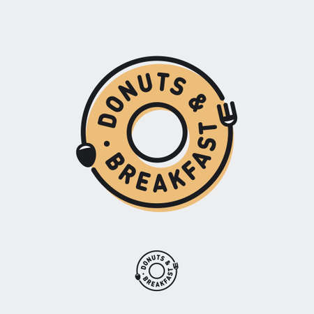 Donuts and Breakfast logo. Cafe bistro logo like donut icon with fork and spoon run around circle. Breakfast cafe emblem.のイラスト素材