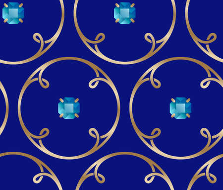 Seamless pattern. Golden rings with loops and blue gem stones. Interweaving rings. Design of fabric.のイラスト素材