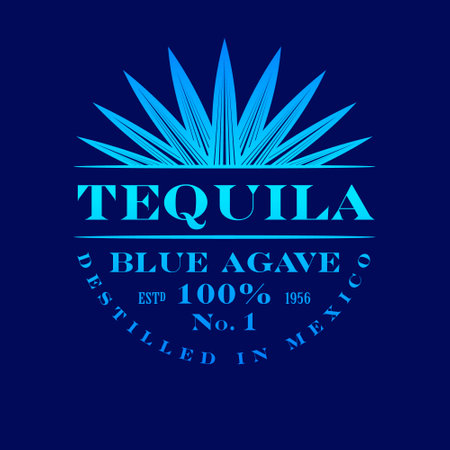 Tequila label. Blue Agave Tequila logo or emblem. Blue classic letters and agave plant on dark-blue background.のイラスト素材