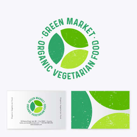 Green Organic Market logo. Three green leaves and letters on circle. Vegetarian organic food emblem. Business card.のイラスト素材