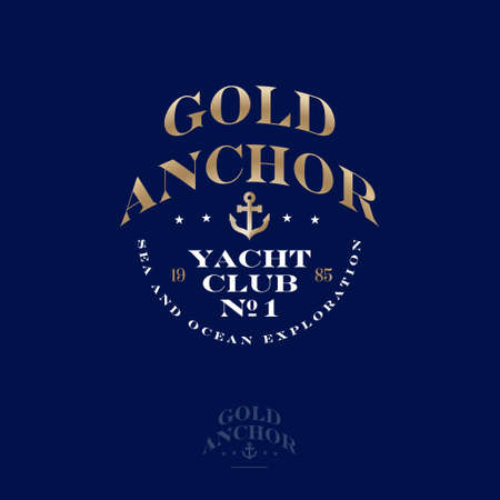 Gold Anchor logo. Yacht club and Marina emblem. Beautiful lettering and golden anchor on a blue background. Luxury maritime emblem.のイラスト素材