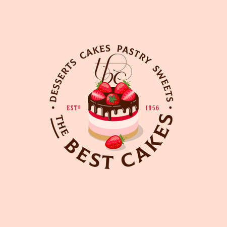 The best cakes logo. Sweets and desserts emblem. Bakery and cafe logo. A beautiful cake with strawberry, chocolate and curly monogram. Sign for bakery.のイラスト素材
