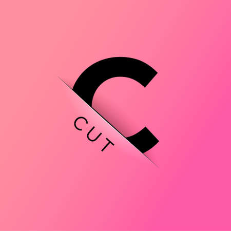 C letter. Cut logo. Glitch effect. Typography composition. C letter is into paper cut. Poster, cartoon sign. C monogram.のイラスト素材