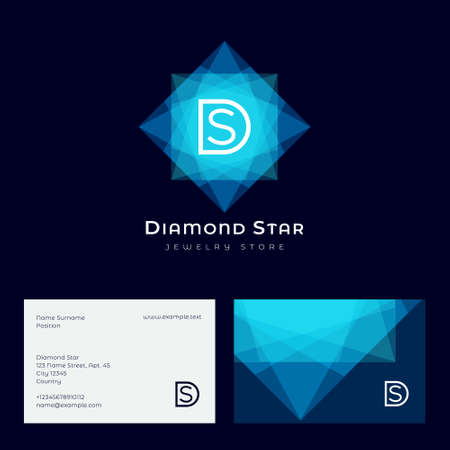Diamond Star logo. D, S monogram and crystal like star. Jewelry store logo. Faceted gem blue crystal and letters. Business card.のイラスト素材