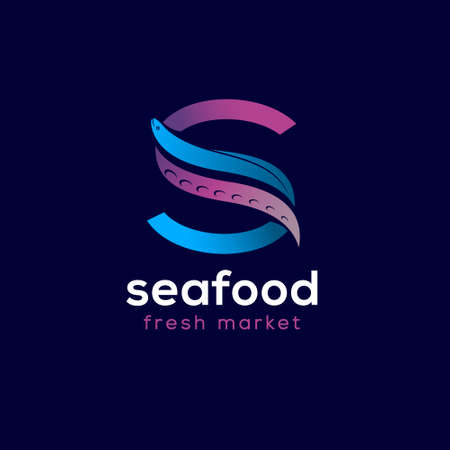S monogram with eel-fish and octopus tentacle. Seafood restaurant logo. Logotype for seafood market or restaurant.のイラスト素材