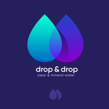 Drop and Drop logo. Beautiful two drops, transparent with gradients. Logo for clear or mineral water, cosmetics swimming clothes. Spa or water club icon.のイラスト素材