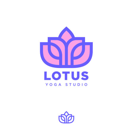 Lotus logo. Yoga studio icon. Pink lotus flower. Linear logo.のイラスト素材