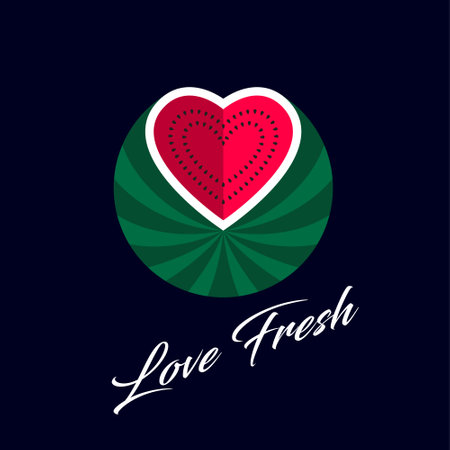 Love fresh. Watermelon, cut like heart. Fresh market logo. Fresh fruit emblem.のイラスト素材