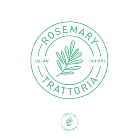 Logo for restaurant of cafe. Rosemary trattoria. Traditional Italian cuisine emblem. Rosemary sprig and leaves location in circle with letters.のイラスト素材