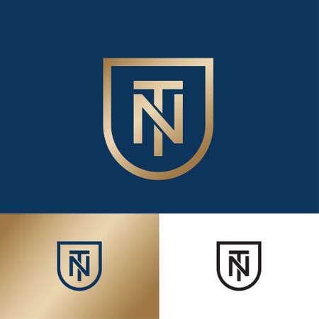 N and T monogram. N, T letters as a gold shield on different backgrounds. Premium emblem. Inverted version.のイラスト素材