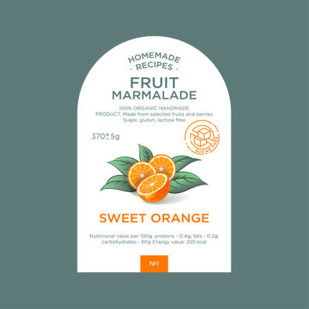 Label and packaging of orange marmalade. Nature organic product. Text with realistic fruits and leaves on white base.のイラスト素材