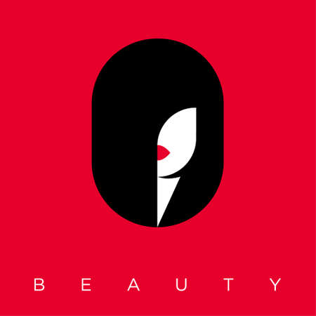 Beauty Salon logo. Glamor girl face with modern hair dress and red lips. Cosmetic emblem. Hair care. Health of skin and hair.のイラスト素材