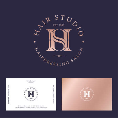 Hair studio logo. H and S in gold letters. H, S illusory monogram. Beauty salon, barbershop emblem. Business cardのイラスト素材