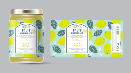 Label and packaging of lemon marmalade. Jar with label. Text in frame with stamp (sugar free) on seamless pattern with fruits, flowers and leaves.のイラスト素材