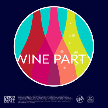 Wine Party logo. Some color bottles into circle with letters. Party poster.のイラスト素材