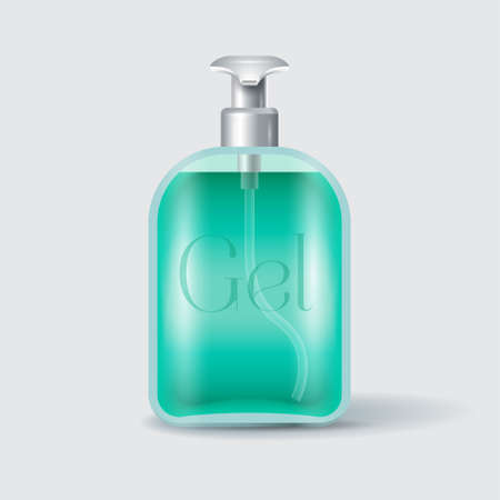 Mockup of bottle with dispenser and transparent liquid. Container for cosmetic liquid, antibacterial gel or soap. Antiviral protection for hands and bodyのイラスト素材