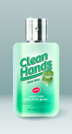 Clean Hands label and packaging. Bottle with spray and transparent liquid. Sanitizer, Antiseptic, Virus protection for hands and body. Green lettering with pieces of Aloe Vera.のイラスト素材