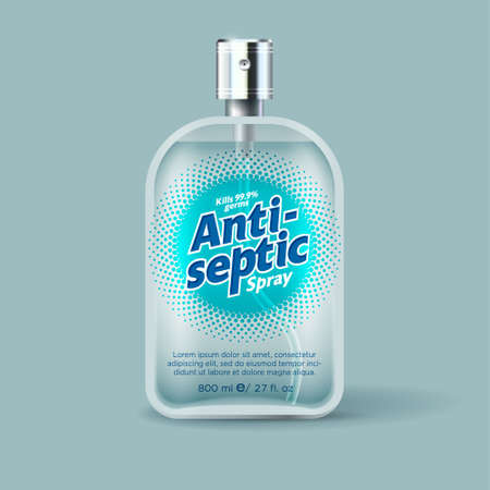 Antiseptic spray sanitizer label and packaging. Bottle with dispenser and transparent liquid. Antibacterial liquid, antiviral and germs protection for hands and body.のイラスト素材