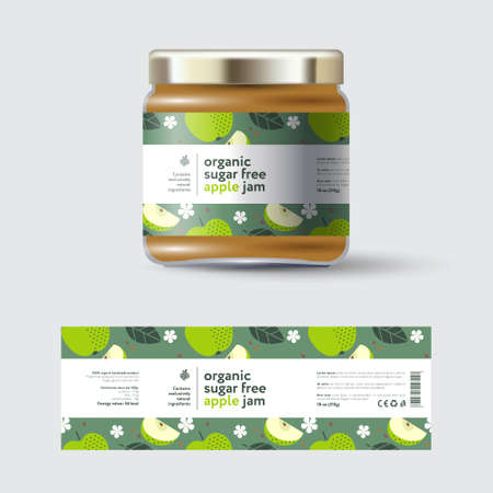Apple Jam label and packaging. Jar with cap with label. White strip with text and on seamless pattern with fruits, flowers and leaves.のイラスト素材